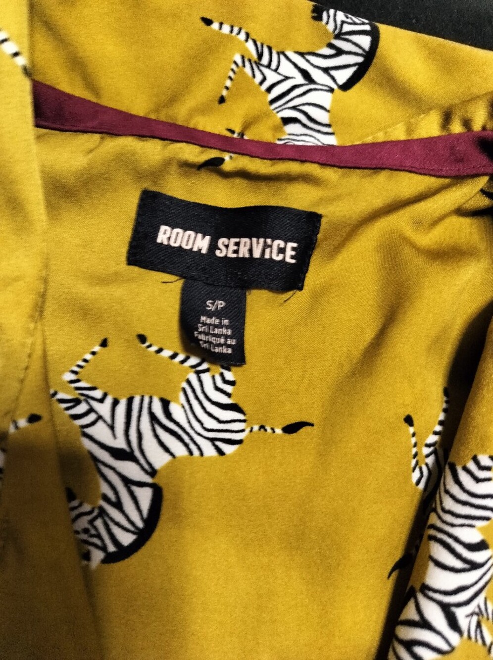 Room Service Zebra Print Button-Up Pj Shirt Mustard Yellow Purple Piping Small - Picture 2 of 7